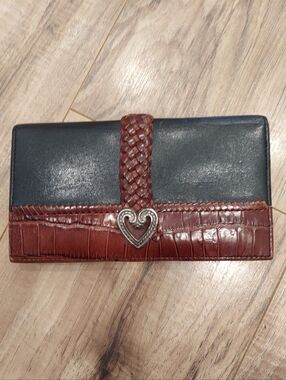 Brighton Black & Brown Leather w/silver Heart Button Close Checkbook I.D. wallet